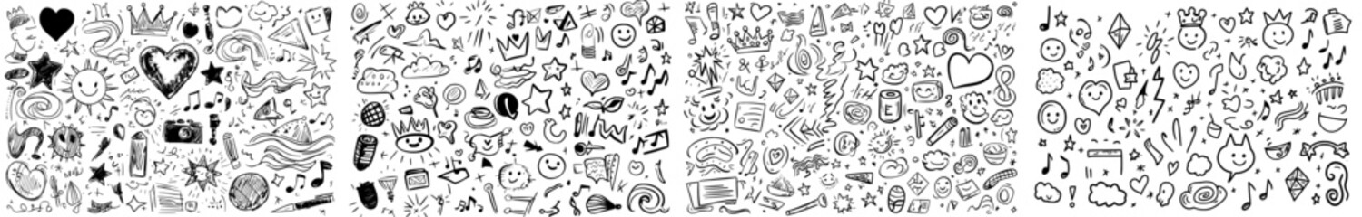 Fototapeta premium Modern cartoon illustration consisting of hand drawn doodles that include a range of icons such as hearts, stars, and musical notes