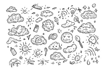 A hand-drawn illustration of cartoon line sketch icons for weather doodle concept design is presented in a cute kids style