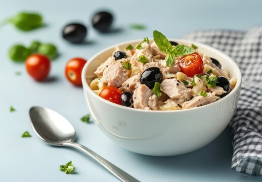 Fresh and Delicious Tuna Salad with Cherry Tomatoes, Black Olives, Herbs, and Pasta Served in a White Bowl on a Light Blue Background