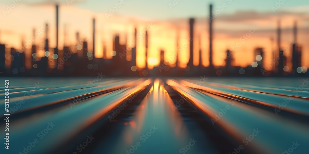 Poster a sunset view over industrial structures, capturing lines and textures in the foreground with a warm