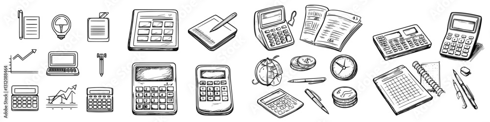 Poster drawing of various accounting and finance tools arranged on a table illustrating work in a busy offi