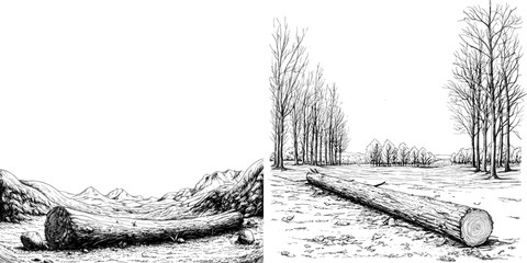 Coloring page for kids and adults depicting a hand-drawn sketch of a log in a serene river landscape