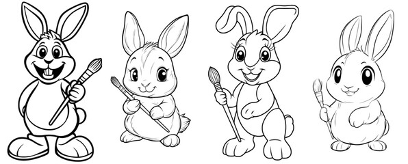 Obraz premium Illustration of a black and white cartoon rabbit holding a paintbrush