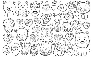 A cute and funny cartoon character featuring a wild animal with a heart, in a hand-drawn, doodle, line art style, is designed for Valentine's Day, with themes of love and wedding, as part of a pet