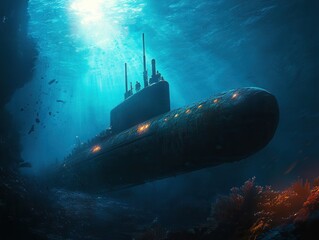 Submarine exploration unfolds in the depths of the ocean during a stunning underwater adventure at twilight, revealing marine wonders. Generative AI