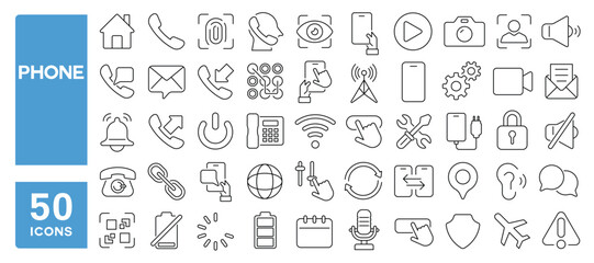 Set of 50 line icons related to phone, call, ring, message, contact, camera, video, mobile, dial, signal, silence, communication, calling, Editable stroke. Vector illustration