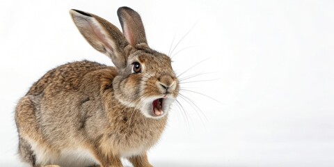 Fototapeta premium One angry rabbit with a raised eyebrow looking directly at the camera on a white background, bunny facial expressions, white background, angry bunny, animal gaze, cartoon rabbits