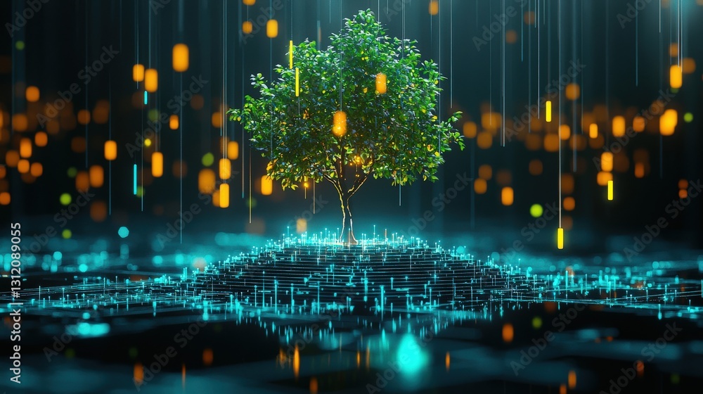 Poster a tree growing on a floating digital island surrounded by glowing binary rain.