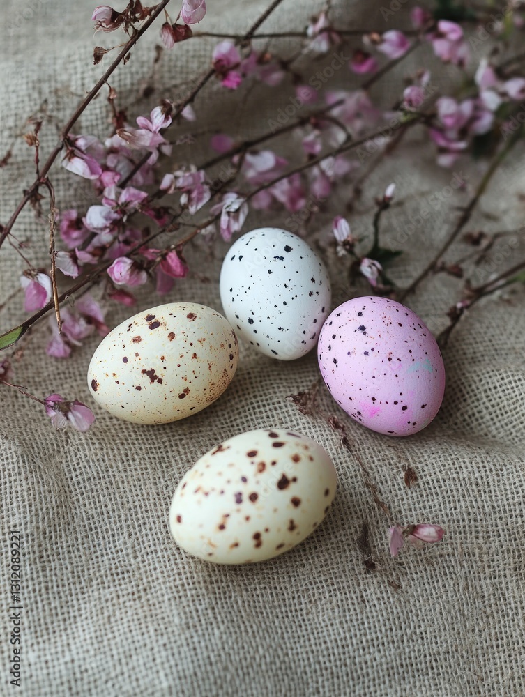 Poster overhead view of four decorative speckled easter eggs arranged on a neutral fabric surface with deli