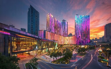 Fototapeta premium A modern cityscape with sleek buildings, lit up at night with colorful lights