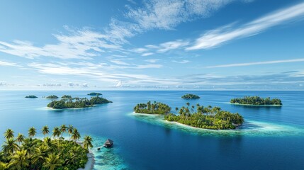 Naklejka premium Tropical Islands Aerial View, Sunny Day, Calm Ocean, Lush Vegetation