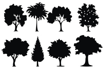  Tree plan line silhouettes set isolated flat vector illustration on white background.