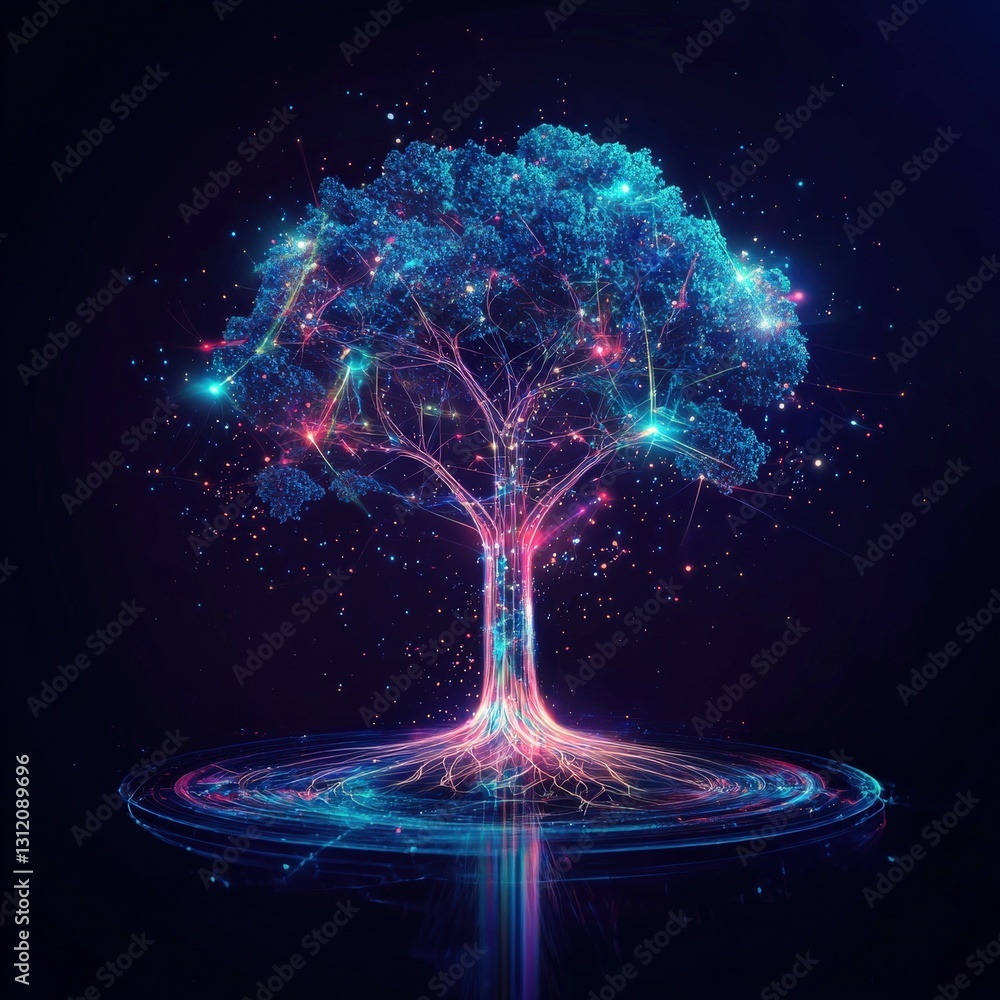Poster a tree with holographic branches representing the interconnected world.