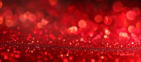 Abstract Christmas background with red holiday lights, bokeh effects, and glitter, creating a warm and inviting atmosphere.
