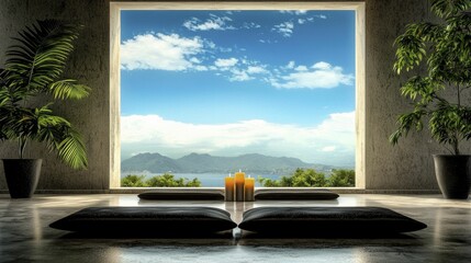 A holistic wellness retreat space with soft cushions and candles, promoting relaxation and self-care in a minimalistic environment.