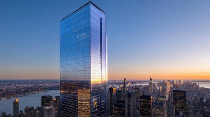 Modern glass skyscraper at sunset, city skyline view.