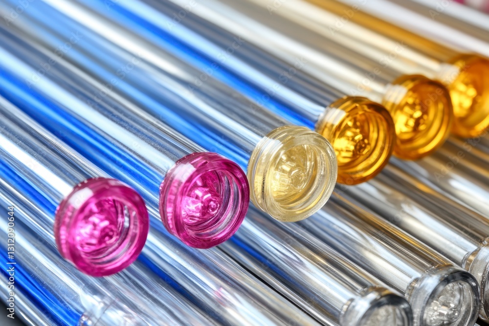Poster close up view of multicolored translucent tubes with colored caps, arranged in parallel rows. the im
