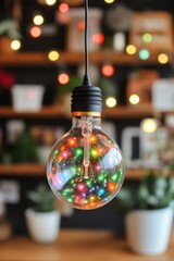 A decorative light bulb with multicolored LED lights inside hangs from a black cord against a blurred background of plants and warm lighting.