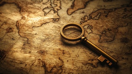 Antique key on vintage world map.