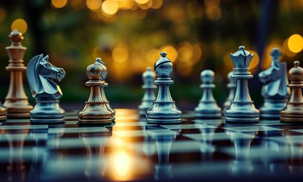 Chess pieces on board in mid-game strategic positioning