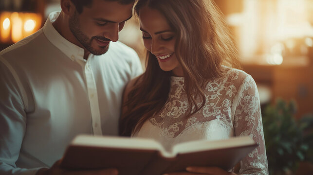 A couple wearing luxurious white lace dresses are happily reading a book together. Their smiles and close relationship reflect their love, happiness, and unity in a warm atmosphere.