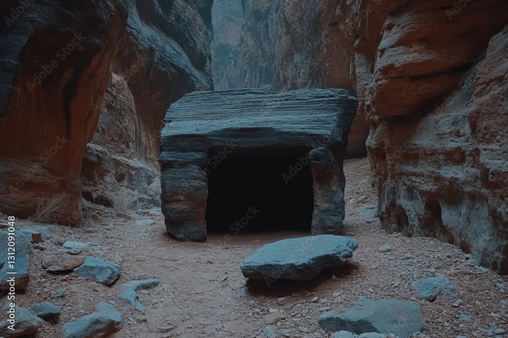 Poster dark, mysterious stone structure within a narrow canyon. rough textures and muted colors create an a