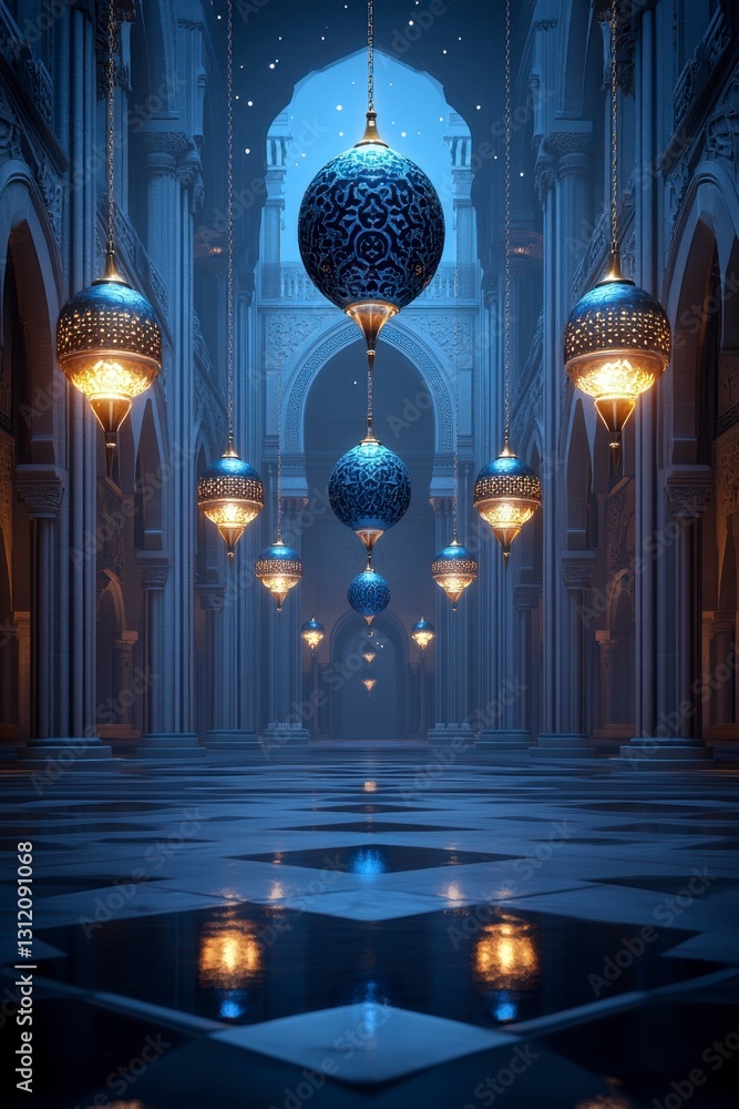 Poster reflective floor in a grand hall with hanging blue spherical lanterns, creating a mystical nighttime