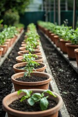 Fresh Plant Growth in Individual Pots Lined in a Greenhouse Area