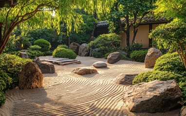 A peaceful zen garden with smooth stones, sand patterns, and a backdrop of greenery