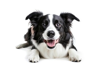Fototapeta premium A black and white border collie dog lying down, with a happy expression, against a white background.