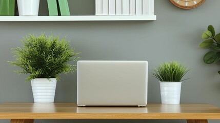 A minimalist setup with a laptop and a fresh green plant, representing remote work strategies and the importance of a clear mind.