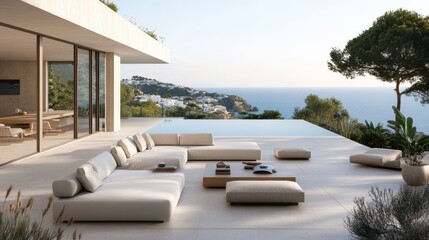 Fototapeta premium A minimalist Ibiza villa house with a serene coastal landscape, featuring muted colors that blend seamlessly with the environment.