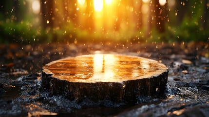 A wet tree stump in a forest with sunlight filtering through the trees
