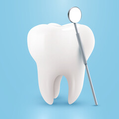 Tooth with mirror isolated on blue background. Dentistry concept.