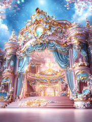 A whimsical palace with a grand staircase and gold accents, set against a blue sky with white clouds