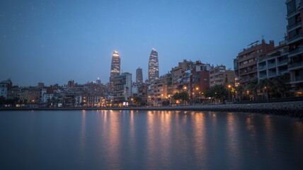 Naklejka premium Night Cityscape with Starry Sky and Water Reflections