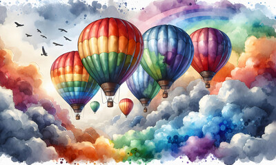 Fototapeta premium Farbenfrohe Heißluftballons in Regenbogenfarben fliegen am Himmel, copy space