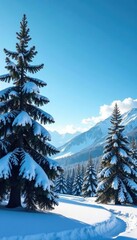 Fototapeta premium spruce trees against clear blue sky with snow, winter, frosty, forest