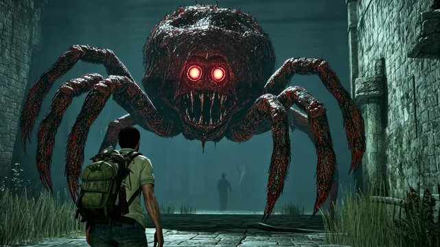 Dark encounter in an abandoned building with a monstrous spider creature lurking