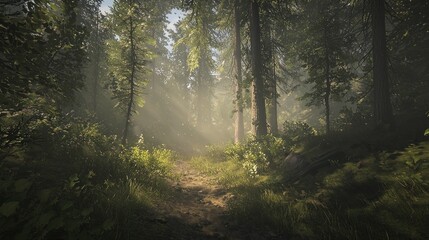 Obraz premium Sunbeams pierce misty forest path.