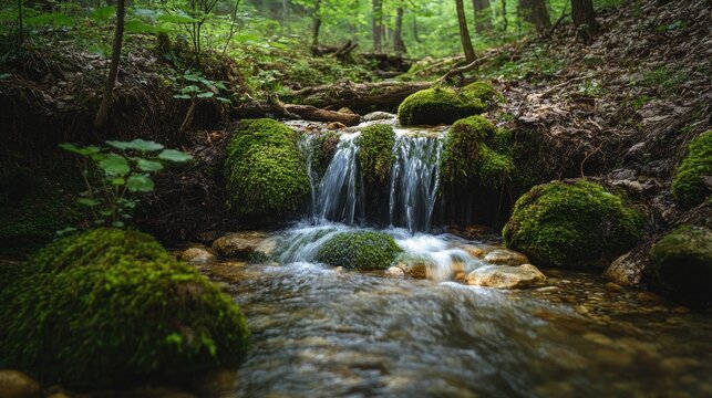 A tiny waterfall flowing through moss-covered rocks in a deep fores