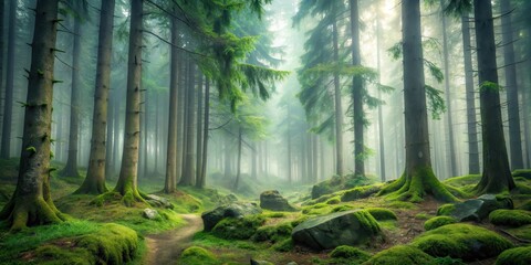 Fototapeta premium A misty forest with tall fir trees and twisted branches in a retro-inspired setting, surrounded by overgrown vegetation and moss-covered stones , forest, fir forest