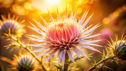 A close-up of a thorny flower in full bloom with delicate petals and intricate patterns, set against a warm sunlight backdrop, thorny flowers, blooming flowers
