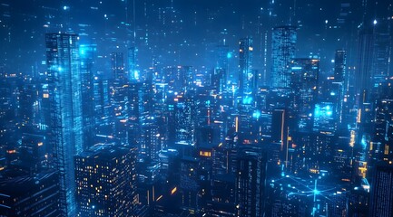 Futuristic city skyline at night with glowing digital network
