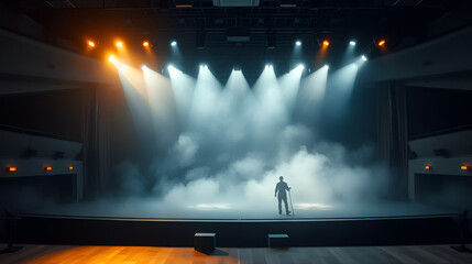Dramatic lighting illuminates an empty theater stage, enveloped in a foggy mist that creates an expectant ambiance and highlights the stage's equipment