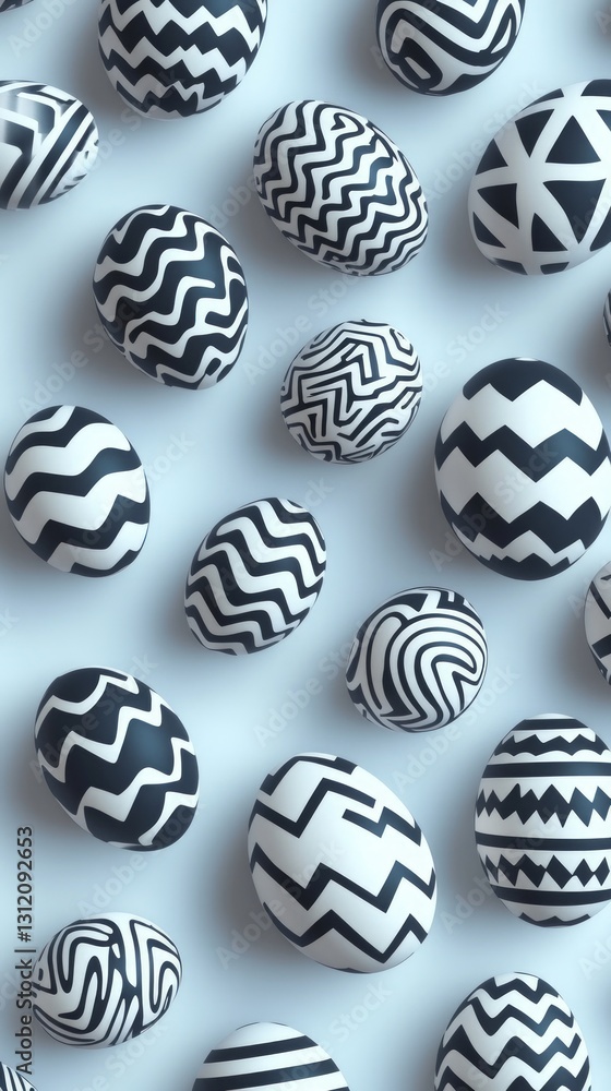 Poster overhead view of multiple black and white patterned easter eggs, arranged on a light blue surface, c