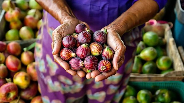 Vendor's Hands Presenting Freshly Harvested Figs at a Vibrant Market for National Fig Week. - Powered by Adobe