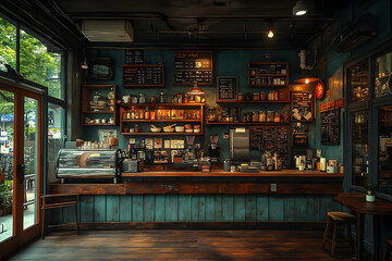 Cozy Coffee Shop Interior With Teal Walls And Wooden Counter
