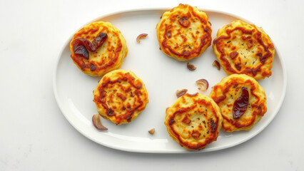 Overhead shot of zucchini fritters with red onions and garlic on a white plate, fritter recipe, veggie dish