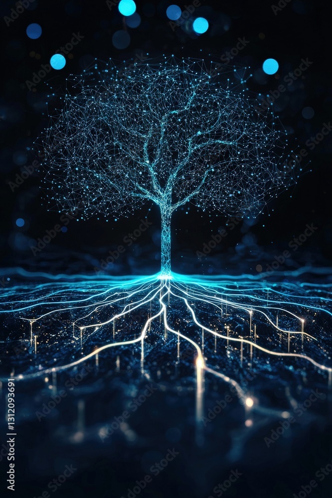 Aufkleber a visualization of ai innovation as a tree with glowing roots.